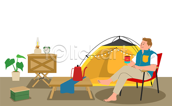 남자 성인 성인남자한명만 한명 AI(파일형식) 일러스트 다리꼬기 들기 머그컵 앉기 전신 주전자 집안 캠핑 캠핑도구 캠핑박스 캠핑의자 탁자 텐트 홈캠핑 화분