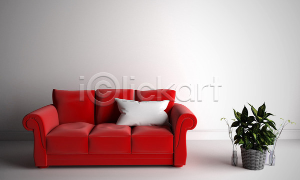사람없음 3D JPG 포토 해외이미지 미니멀 빨간색 소파 식물 실내 인테리어 쿠션 화분 흰색