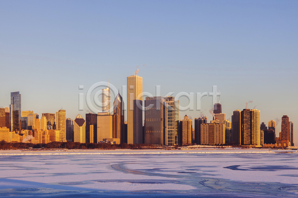 사람없음 JPG 포토 해외이미지 겨울 고층빌딩 도시 도시풍경 스카이라인 시카고 아침 야외 일출 하늘 해외풍경 호수