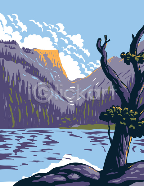 사람없음 JPG 포토 해외이미지 국립공원 그림 나무 산맥 자연 카툰스타일 콜로라도 풍경(경치) 호수