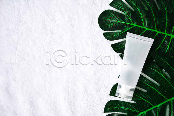 사람없음 JPG 포토 해외이미지 공병 목업 브랜딩 스킨케어 실내 열대잎 튜브용기 피부관리 화장품 흰배경