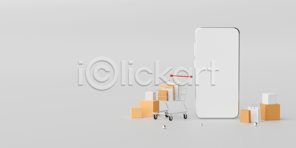 사람없음 3D JPG 디지털합성 포토 해외이미지 모바일쇼핑 상자 쇼핑백 쇼핑카 스마트폰 카피스페이스 흰색