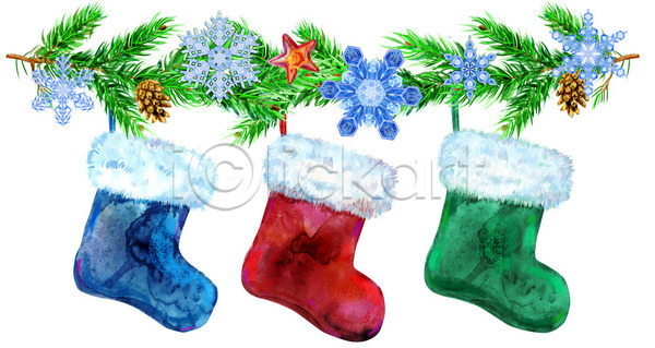 사람없음 JPG 일러스트 포토 해외이미지 겨울 빨간색 수채화(물감) 양말 양말장식 초록색 크리스마스 크리스마스양말 크리스마스장식 파란색