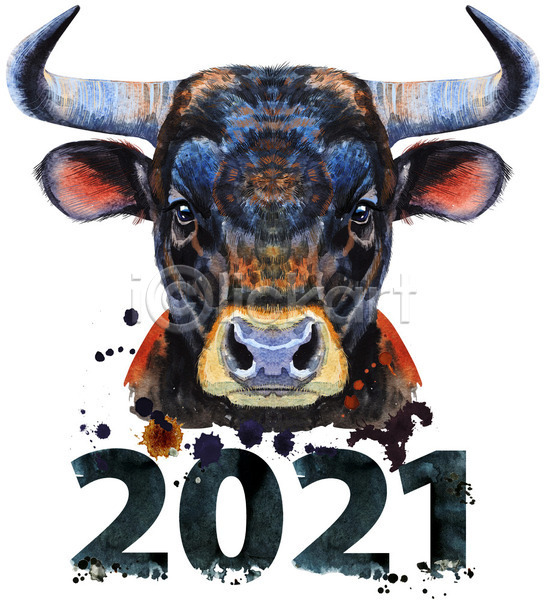 사람없음 JPG 일러스트 포토 해외이미지 2021년 디자인 미술 백그라운드 수채화(물감) 숫자 황소