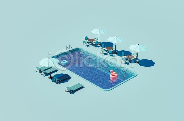 사람없음 3D JPG 포토 해외이미지 그림자 바캉스 선베드 수영장 여름(계절) 여름휴가 의자 탁자 튜브 파라솔 플라밍고튜브 하늘색