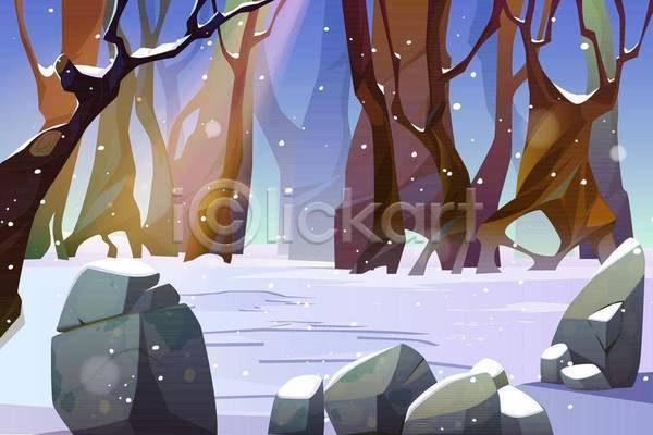 사람없음 EPS 일러스트 해외이미지 겨울 나무 눈내림 눈덮임 바위(돌) 백그라운드 풍경(경치)