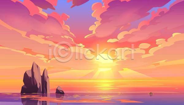 사람없음 EPS 일러스트 해외이미지 구름(자연) 바다 바위(돌) 백그라운드 분홍색 빛 새벽 수평선 와이드컷 일몰 일출 자연 태양 표면 풍경(경치) 하늘