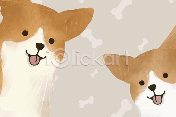 사람없음 EPS 일러스트 해외이미지 강아지 개 두마리 디자인 미소(표정) 반려동물 백그라운드 손그림 수채화(물감) 웰시코기