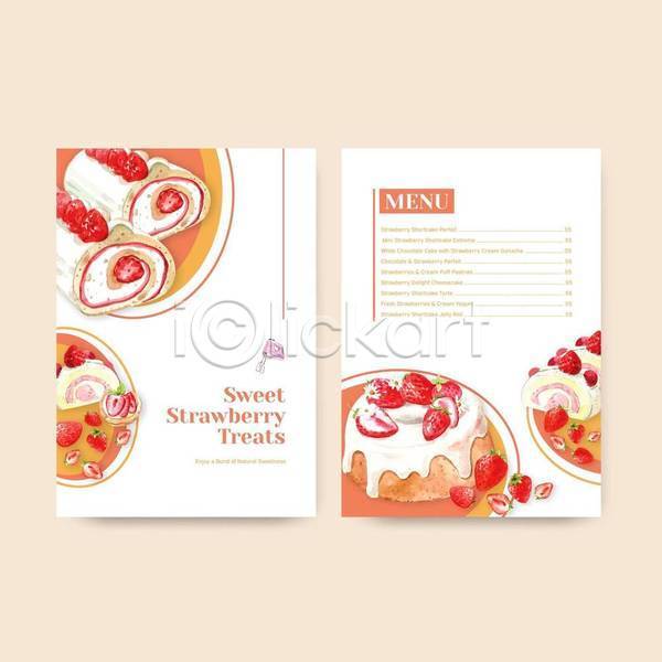 달콤 사람없음 EPS 일러스트 해외이미지 거품기 딸기 딸기케이크 롤케이크 메뉴 메뉴판 수채화(물감) 흰색