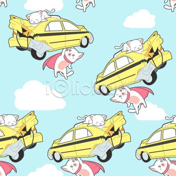 구출 귀여움 러블리 사람없음 EPS 일러스트 해외이미지 고양이 구름(자연) 눕기 동물캐릭터 들기 들어올리기 빨간망토 손상 슈퍼히어로 여러마리 영웅 자동차 자동차사고 패턴 패턴백그라운드 하늘색