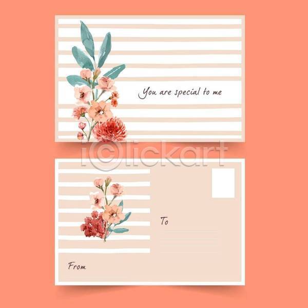 사람없음 EPS 일러스트 해외이미지 꽃 꽃봉오리 디자인 분홍색 수채화(물감) 엽서 잎 줄무늬 카드(감사)