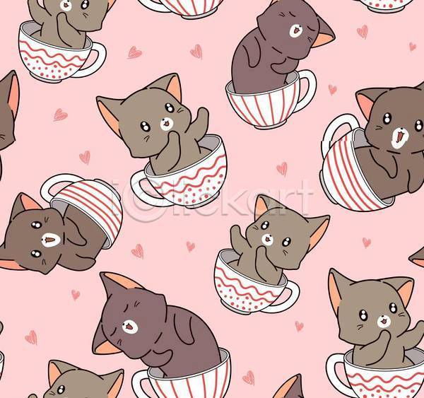 귀여움 러블리 사람없음 EPS 일러스트 해외이미지 고양이 동물캐릭터 들어가기 분홍색 손들기 여러마리 컵 패턴 패턴백그라운드