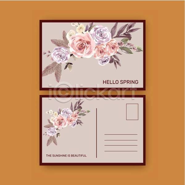 사람없음 EPS 일러스트 카드템플릿 해외이미지 꽃 베이지색 보라색 수채화(물감) 엽서 잎