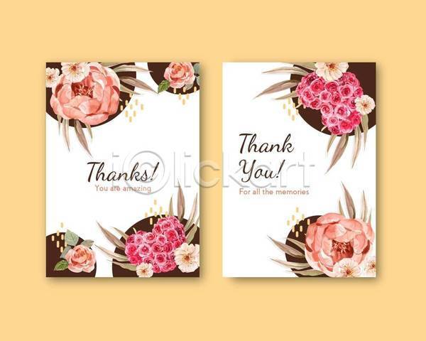 감성 사람없음 EPS 일러스트 카드템플릿 해외이미지 꽃 분홍색 수채화(물감) 잎 카드(감사) 하트 흰색