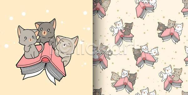귀여움 러블리 사람없음 EPS 일러스트 해외이미지 고양이 동물캐릭터 베이지색 앉기 여러마리 올라탄 책 패턴 패턴백그라운드