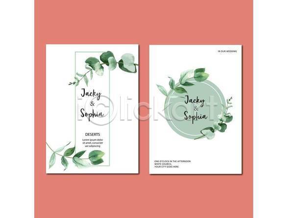 사람없음 EPS 일러스트 카드템플릿 해외이미지 수채화(물감) 잎 초록색 카드(감사) 흰색