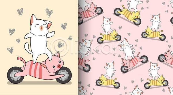 귀여움 러블리 사람없음 EPS 일러스트 해외이미지 고양이 노란색 동물캐릭터 바퀴 분홍색 여러마리 올라탄 잡기 패턴 패턴백그라운드 하트