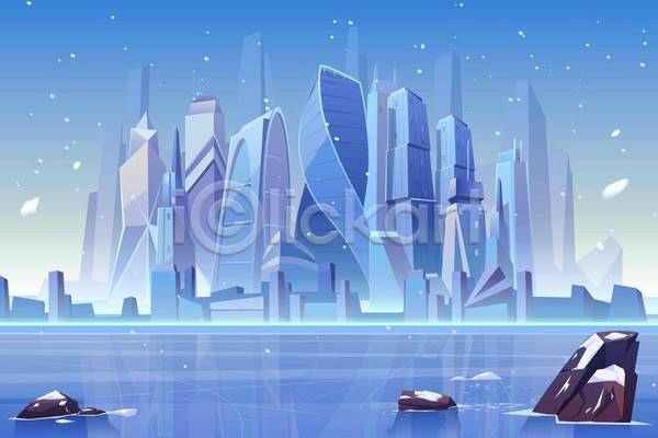 사람없음 EPS 일러스트 해외이미지 건축물 겨울 고층빌딩 눈내림 미래도시 바위(돌) 백그라운드 스카이라인 파란색 풍경(경치)
