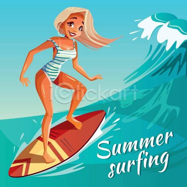 성인 성인여자한명만 여자 EPS 일러스트 해외이미지 바다 서기 서퍼 서핑 서핑보드 수영복 스포츠 승차 여름(계절) 전신 파도 파란색