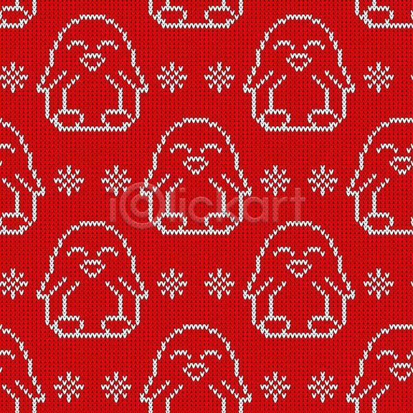사람없음 JPG 일러스트 해외이미지 니트 동물캐릭터 뜨개옷 빨간색 여러마리 크리스마스 패브릭 패턴 패턴백그라운드 펭귄