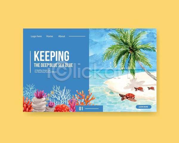사람없음 EPS 일러스트 해외이미지 바다거북 바캉스 산호 산호초 섬 야자수 여름(계절) 여름휴가 파란색 해변 홈페이지