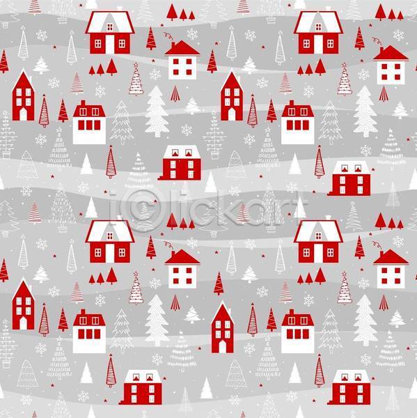 사람없음 JPG 일러스트 해외이미지 건물 겨울 나무 눈꽃 눈꽃무늬 눈송이 빨간색 주택 크리스마스 크리스마스트리 패턴 패턴백그라운드 회색