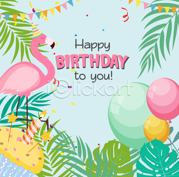 축하 사람없음 JPG 일러스트 포토 해외이미지 가랜드 꽃가루 데코픽 디자인 생일 생일축하 여름(계절) 열대잎 초 컵케이크 트로피컬아트 플라밍고 하늘색