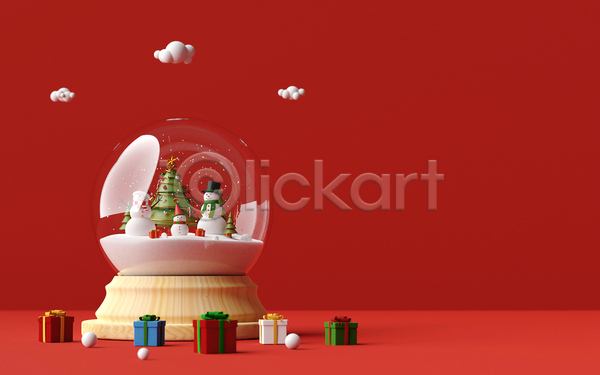 사람없음 3D JPG 디지털합성 포토 해외이미지 구름(자연) 눈(날씨) 눈사람 빨간색 선물상자 스노글로브 크리스마스 크리스마스선물 크리스마스장식 크리스마스트리