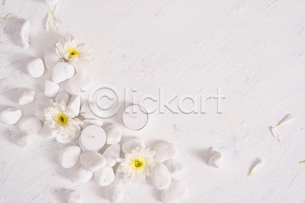 사람없음 JPG 포토 하이앵글 해외이미지 꽃 꽃잎 돌(바위) 스톤 실내 오브젝트 카피스페이스 향초 흰배경