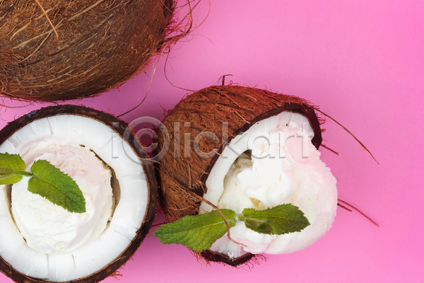 사람없음 JPG 포토 해외이미지 분홍색배경 아이스크림 잎 코코넛
