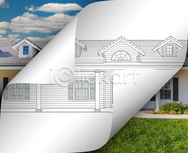 계획 아이디어 사람없음 JPG 포토 해외이미지 건축 구름(자연) 스케치 야외 외관 종이 주택 청사진