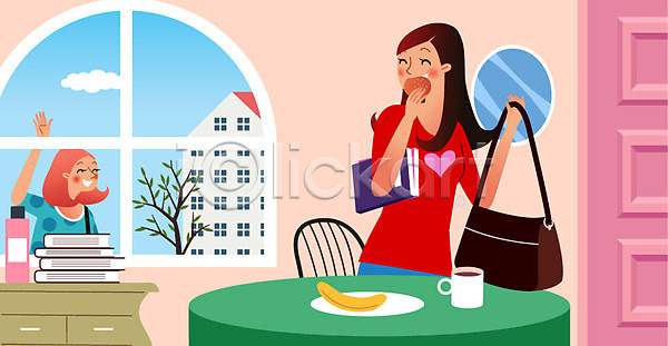 반가움 즐거움 두명 사람 여자 여자만 AI(파일형식) 일러스트 가구 가방 나무 등교 바나나 생활 아침식사 유학 의자 창문 친구 컵 탁자