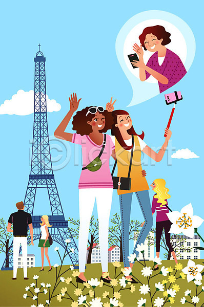 반가움 즐거움 남자 사람 여러명 여자 AI(파일형식) 일러스트 가족 건물 꽃 나무 말풍선 모바일 생활 스마트폰 에펠탑 온택트 유학 친구 통화 화상통화