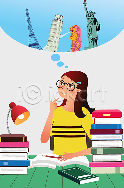 고민 희망 사람 여자한명만 한명 AI(파일형식) 일러스트 멀라이언타워 생활 스탠드 에펠탑 연필 유학 자유의여신상 책 책상 피사의사탑