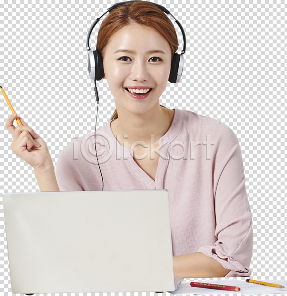 청춘(젊음) 20대 사람 성인 성인여자한명만 여자 한국인 한명 PNG 앞모습 편집이미지 노트북 누끼 들기 미소(표정) 빨간펜 상반신 싱글라이프 앉기 연필 우먼라이프 취업준비생 편집소스 헤드셋