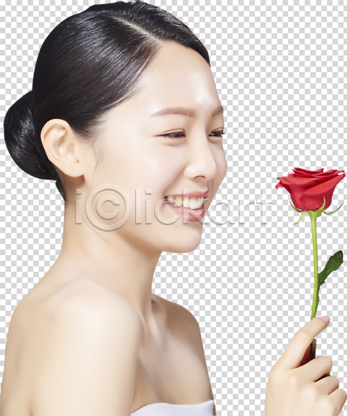즐거움 20대 사람 성인 성인여자한명만 여자 한국인 한명 PNG 편집이미지 꽃 누끼 들기 미소(표정) 뷰티 빨간색 상반신 응시 의료성형뷰티 장미 편집소스 한송이