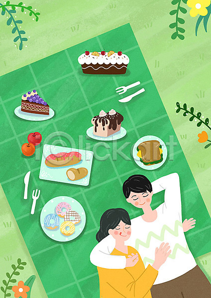 사랑 남자 두명 사람 여자 PSD 일러스트 눕기 도넛 돗자리 빵 소풍 음식 초록색 커플 케이크 팔베개