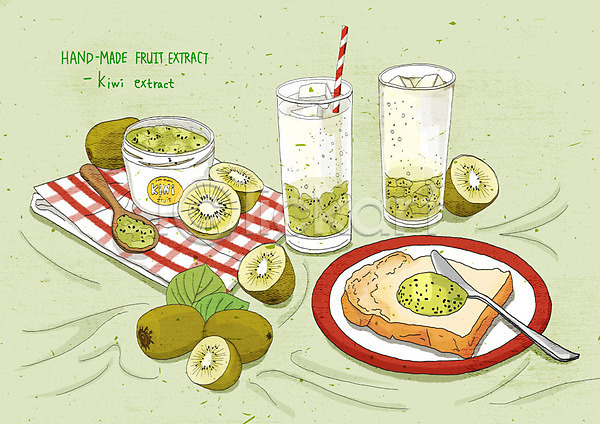상큼 사람없음 PSD 일러스트 건강 과일청 맛 빨대 수제 수제청 수채화(물감) 숟가락 식빵 웰빙 음료 접시 초록색 키위 핸드메이드