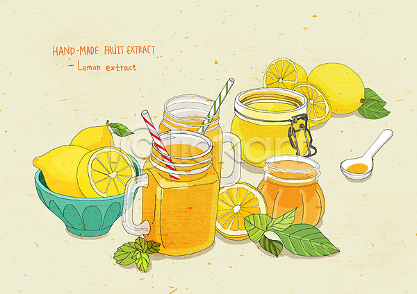 상큼 사람없음 PSD 일러스트 건강 과일청 노란색 레몬 레몬청 맛 수제 수제청 수채화(물감) 숟가락 오렌지 오렌지주스 웰빙 핸드메이드