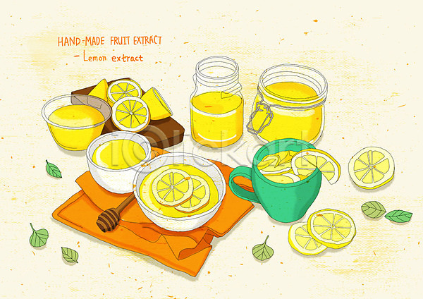상큼 사람없음 PSD 일러스트 건강 과일차 과일청 노란색 도마 레몬 레몬차 레몬청 맛 수제 수채화(물감) 웰빙 잎 직물 핸드메이드
