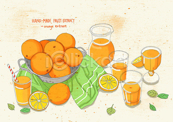 상큼 사람없음 PSD 일러스트 건강 과일청 그릇 노란색 맛 빨대 수제 수채화(물감) 오렌지 오렌지주스 오렌지청 웰빙 음료 직물 핸드메이드