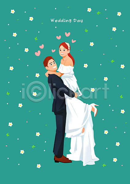 사랑 즐거움 행복 남자 두명 여자 PSD 일러스트 결혼 결혼식 기념일 신랑 신부(웨딩) 웨딩드레스 정장 초록색 커플 턱시도