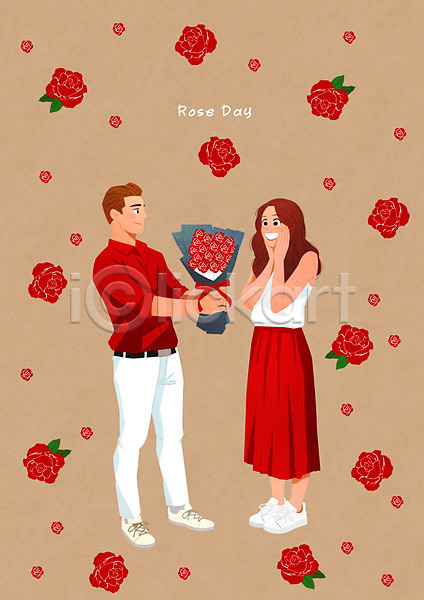 사랑 즐거움 행복 남자 두명 여자 PSD 일러스트 갈색 기념일 꽃다발 로즈데이 장미 주기 커플