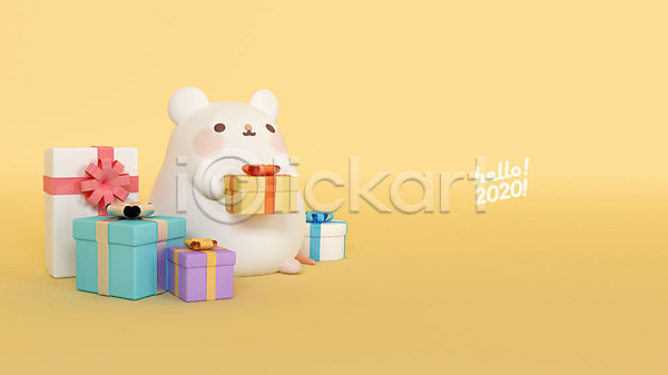 귀여움 사람없음 3D PSD 디지털합성 편집이미지 2020년 3D캐릭터 HELLO 경자년 노란색 새해 선물상자 여러개 쥐 쥐띠 쥐캐릭터 편집 한마리 흰쥐