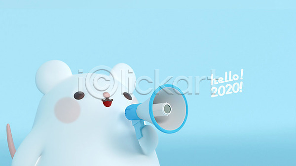 귀여움 사람없음 3D PSD 디지털합성 편집이미지 2020년 3D캐릭터 HELLO 경자년 새해 외침 쥐 쥐띠 쥐캐릭터 파란색 편집 한마리 확성기 흰쥐