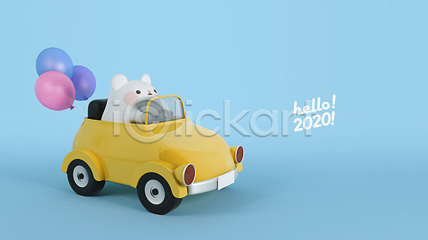 귀여움 사람없음 3D PSD 디지털합성 편집이미지 2020년 3D캐릭터 HELLO 경자년 드라이브 새해 자동차 쥐 쥐띠 쥐캐릭터 파란색 편집 풍선 한마리 흰쥐
