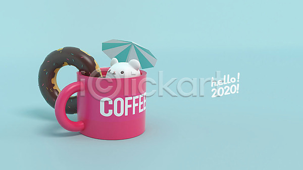 귀여움 사람없음 3D PSD 디지털합성 편집이미지 2020년 3D캐릭터 HELLO 경자년 도넛 머그컵 새해 쥐 쥐띠 쥐캐릭터 커피 파라솔 파란색 편집 한마리 흰쥐