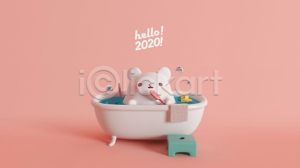 귀여움 사람없음 3D PSD 디지털합성 편집이미지 2020년 3D캐릭터 HELLO 경자년 목욕 분홍색 새해 오리장난감 욕조 쥐 쥐띠 쥐캐릭터 편집 한마리 흰쥐