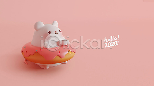 귀여움 사람없음 3D PSD 디지털합성 편집이미지 2020년 3D캐릭터 HELLO 경자년 도넛 분홍색 새해 쥐 쥐띠 쥐캐릭터 커피 편집 한마리 흰쥐