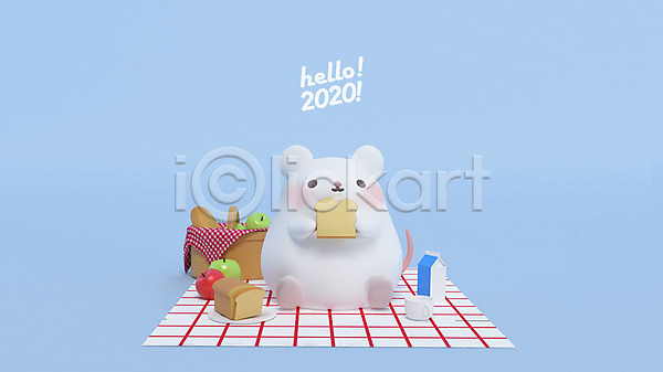 귀여움 사람없음 3D PSD 디지털합성 편집이미지 2020년 3D캐릭터 HELLO 경자년 돗자리 새해 샌드위치 소풍 쥐 쥐띠 쥐캐릭터 파란색 편집 한마리 흰쥐